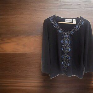 Alfred‎ Dunner Sweater Womens size XL Black Wool Blend Floral Embroidered